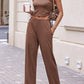 Classic brown 3-piece women's pant suit with wide-leg pants and a long jacket
