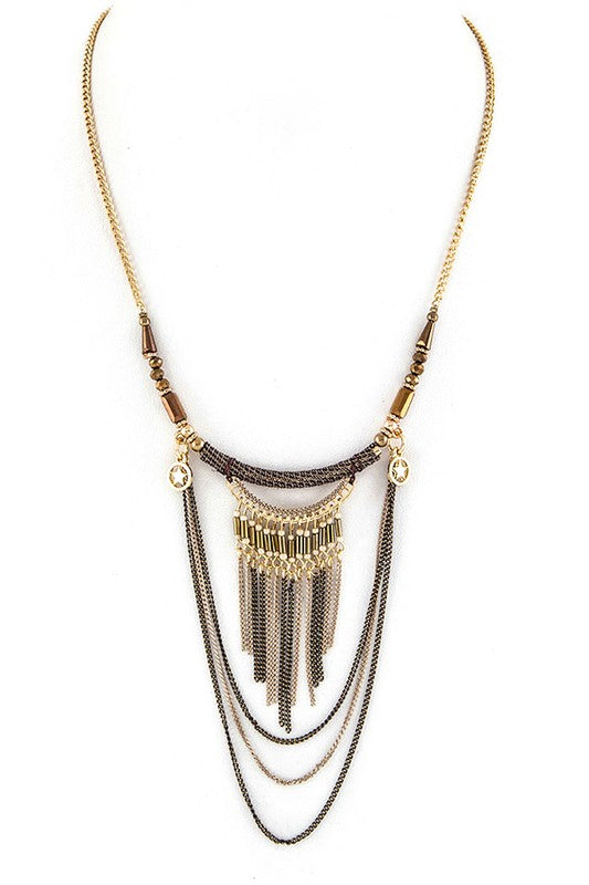 Beads and layer chains necklace in brown with intricate bead accents and layered chains, a versatile accessory for any occasion.