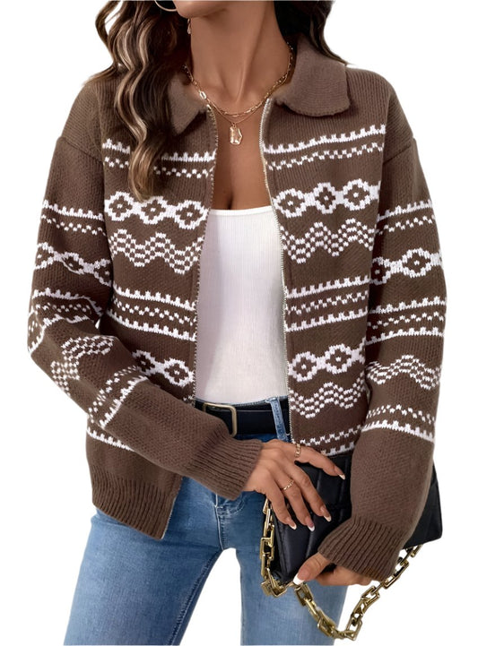 Brown and white Fair Isle knit cardigan, front view, styled with a white tank and jeans.
