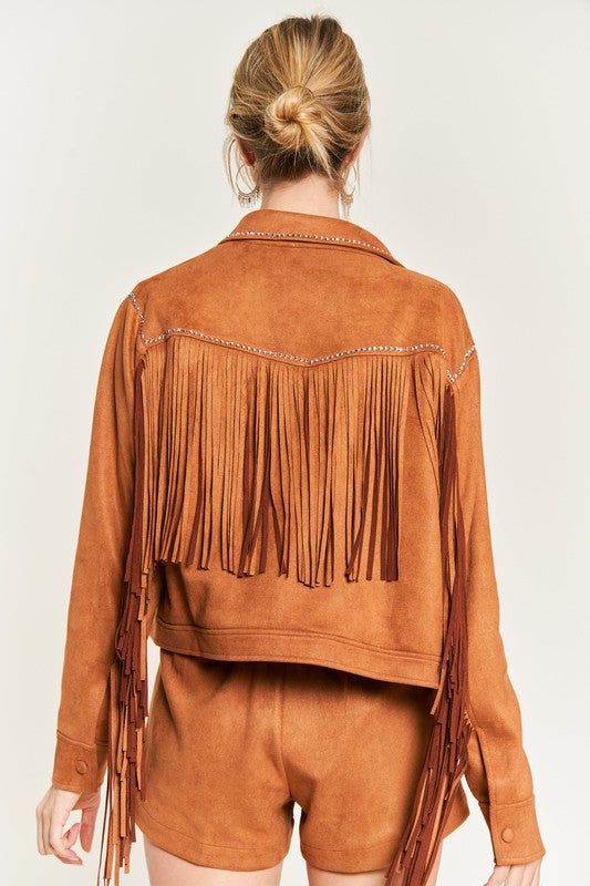 back view of brown faux suede jacket with fringe
