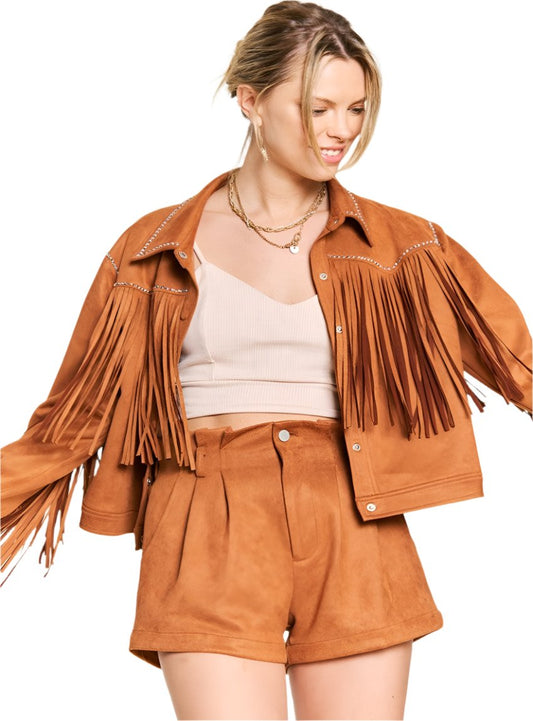 front view of brown faux suede fringe jacket
