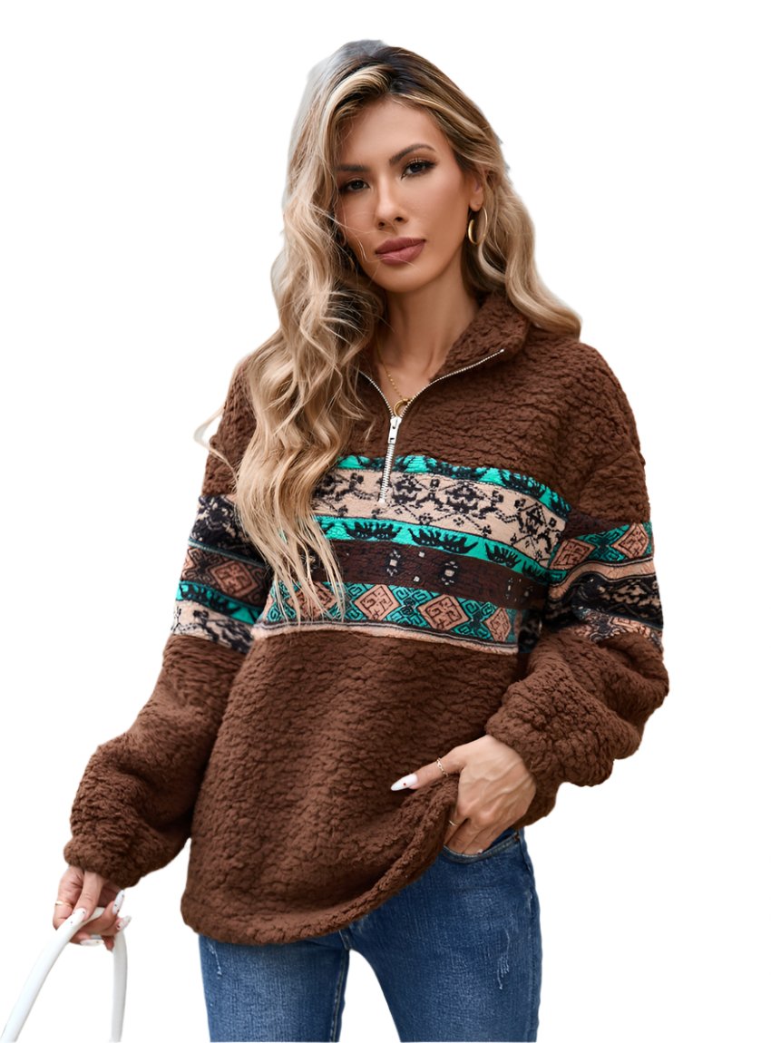 Front view of brown fleece sweatshirt with Aztec pattern and half-zip design.
