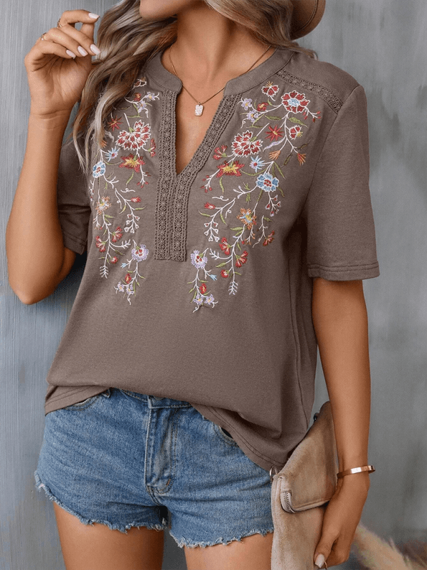 Floral Notched V-Neck Embroidered Woven Blouse | Boho Aesthetic | Appalachian Clothing