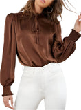 Front view of brown Frill Tied Lantern Sleeve Blouse with tie-neck detail.
