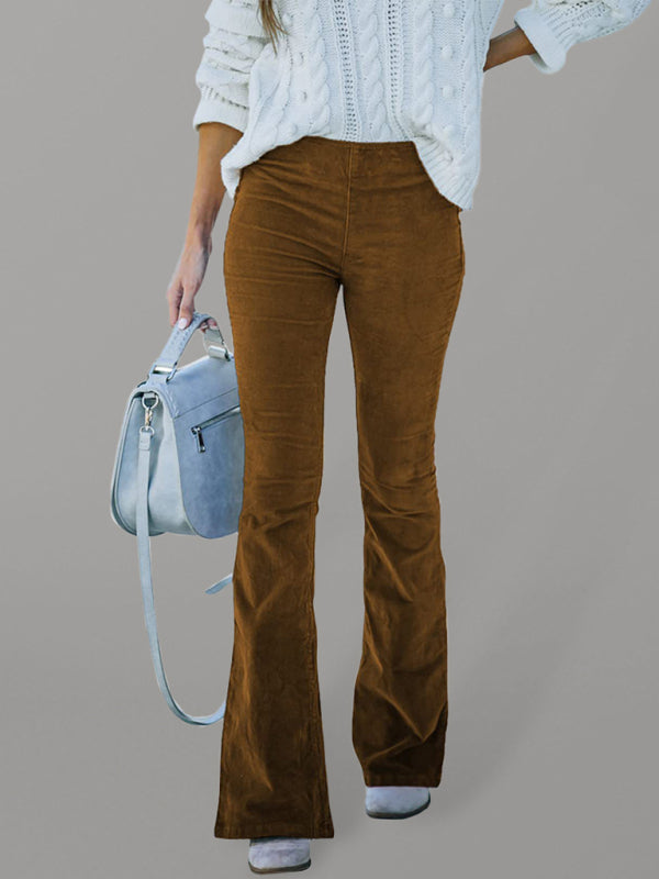 Front view of brown high-waist slim flared corduroy pants with a retro touch.
