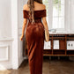 Elegant brown off-shoulder dress perfect for evening parties or weddings.
