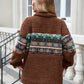 Soft sherpa fleece sweatshirt in brown with a vibrant Aztec pattern across the chest.
