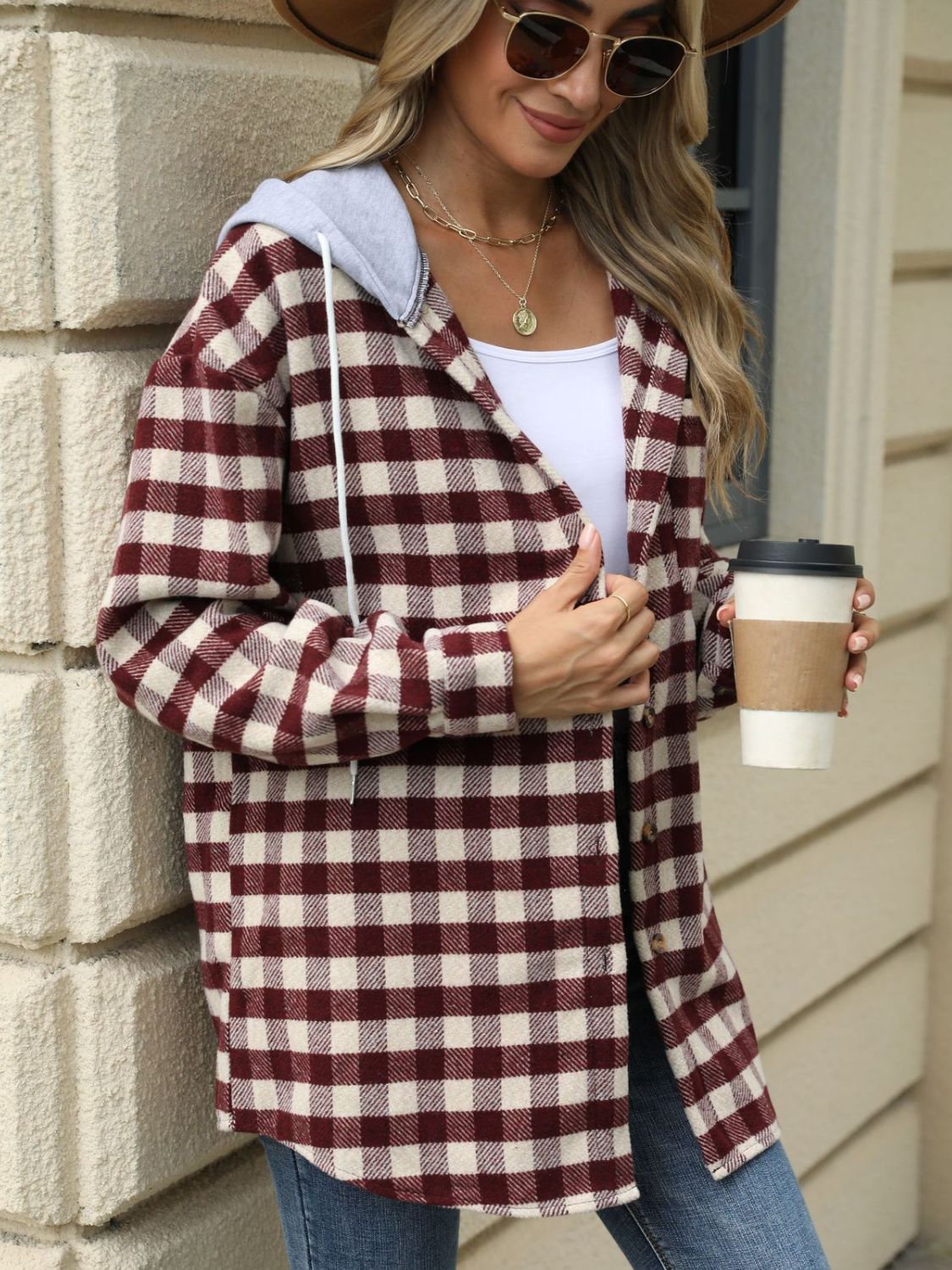 Relaxed fit brown women's plaid jacket with hood for casual wear
