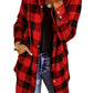 Woman wearing red and black buffalo plaid shacket with distressed jeans.
