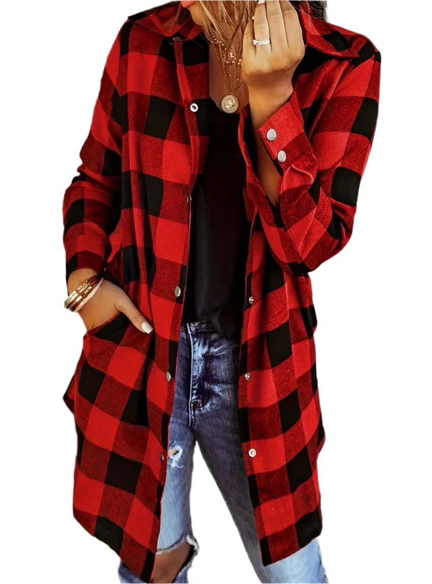 Woman wearing red and black buffalo plaid shacket with distressed jeans.
