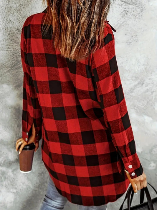 Red and black buffalo plaid shirt jacket for a casual fall look.
