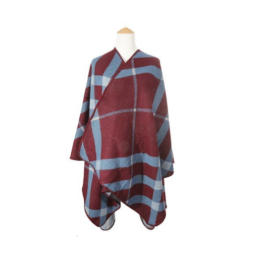 Cozy burgundy and blue plaid poncho with a classic pattern