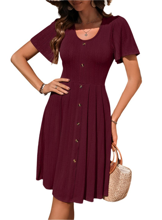 Decorative Button Scoop Neck Short Sleeve Dress 