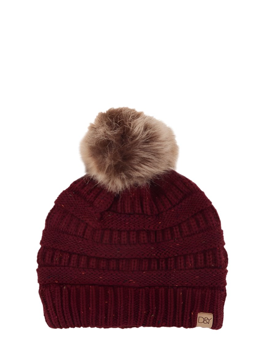 Burgundy vegan slinky beanie featuring a cruelty-free pom-pom.
