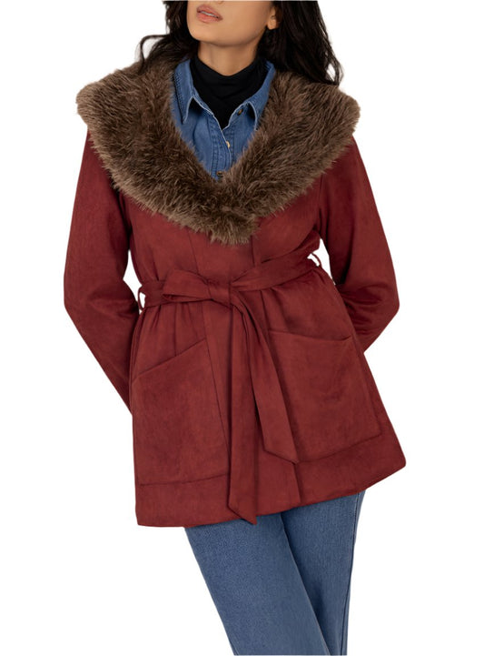 Burgundy faux fur collar wrap jacket, front view
