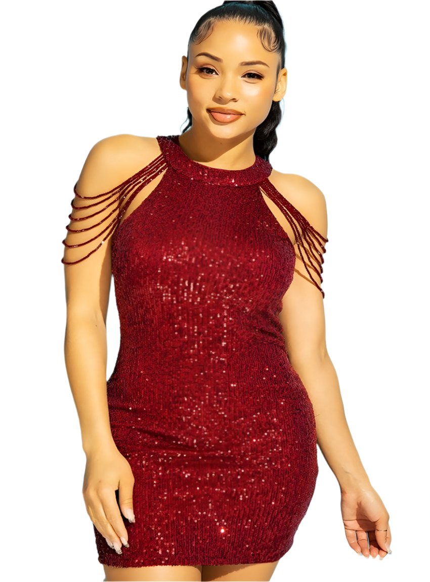 Model wearing a burgundy halter bodycon dress with beaded shoulder details, front view.
