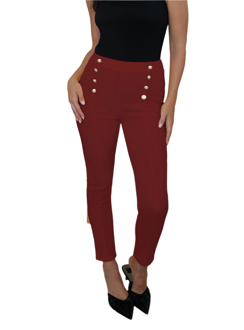 A pair of burgundy high-waist pants with a chic, button-accented design.