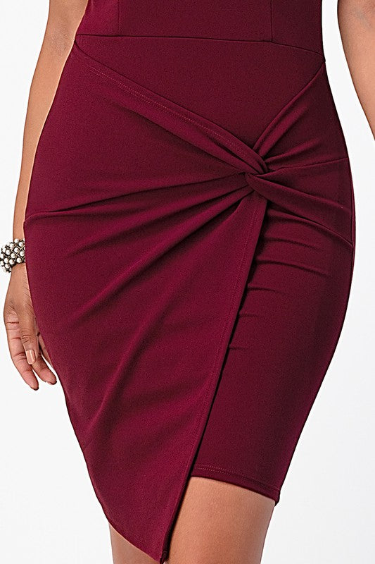 Knee-length burgundy bodycon dress with a front twist design for a chic look.
