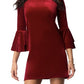 Full-length image of a burgundy mini dress with flared bell sleeves, front view.
