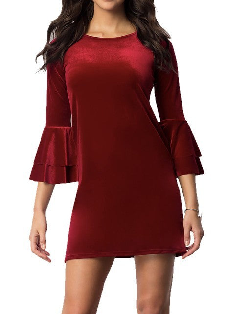 Full-length image of a burgundy mini dress with flared bell sleeves, front view.
