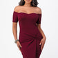 Front view of the burgundy off-shoulder bodycon dress with a twist-front waist.