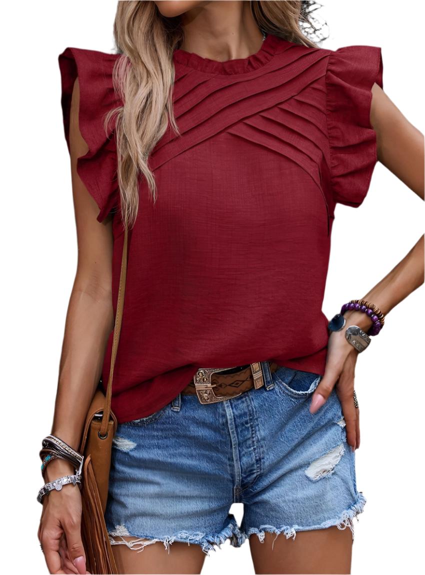 Ruffled Frill Mock Neck Cap Sleeve Blouse - Whimsical Fashion - Demure Style