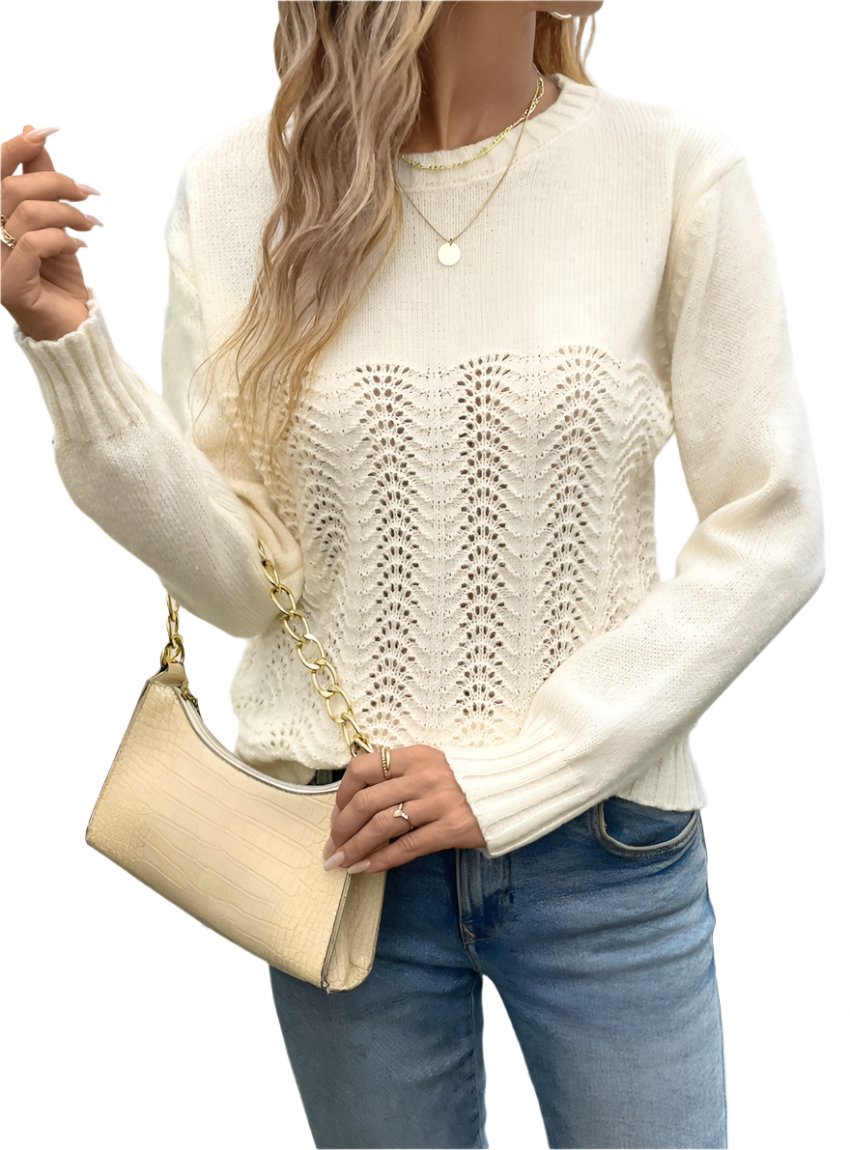 Front view of butter yellow cutout sweater with openwork design for women
