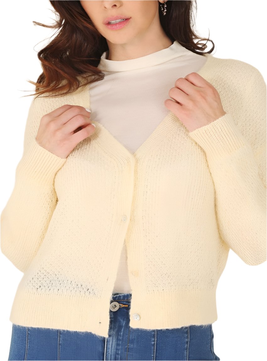 Closeup of butter yellow wool blended sheer cardigan showing delicate knit design