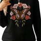 front view of black sweatshirt with butterfly and floral graphic
