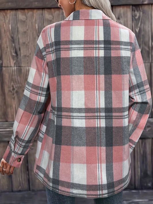 Women's soft pink plaid shacket for casual wear.
