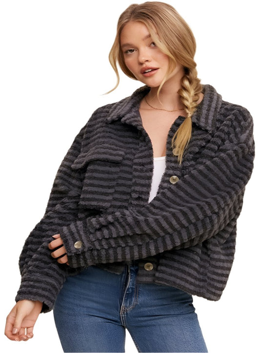 front view of charcoal plaid button-down fleece shacket
