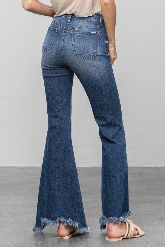 Back view of the button-down wide flare jeans by Insane Gene, showing the high-waist design and flared hem.