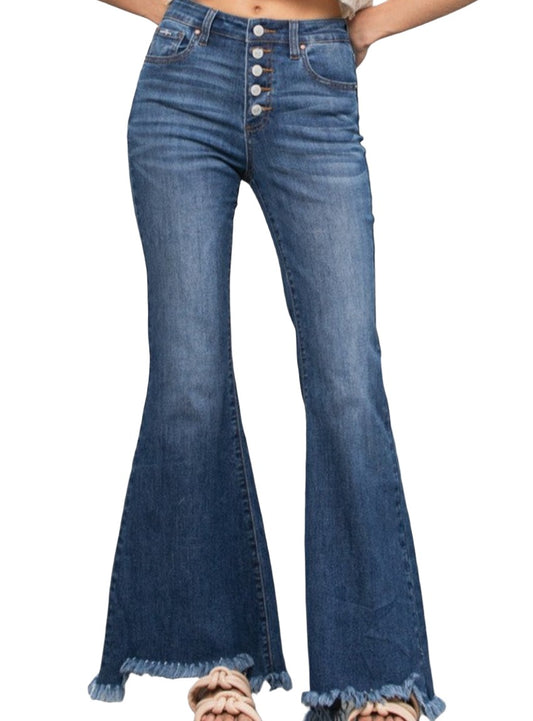 Front view of the button-down wide flare jeans by Insane Gene, featuring a button-down fly and flared legs.