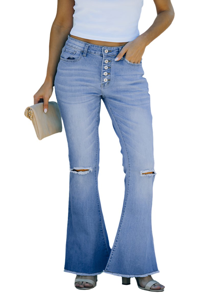 Front view of button-fly distressed raw hem flare jeans in light blue denim with knee distressing and a high waist.