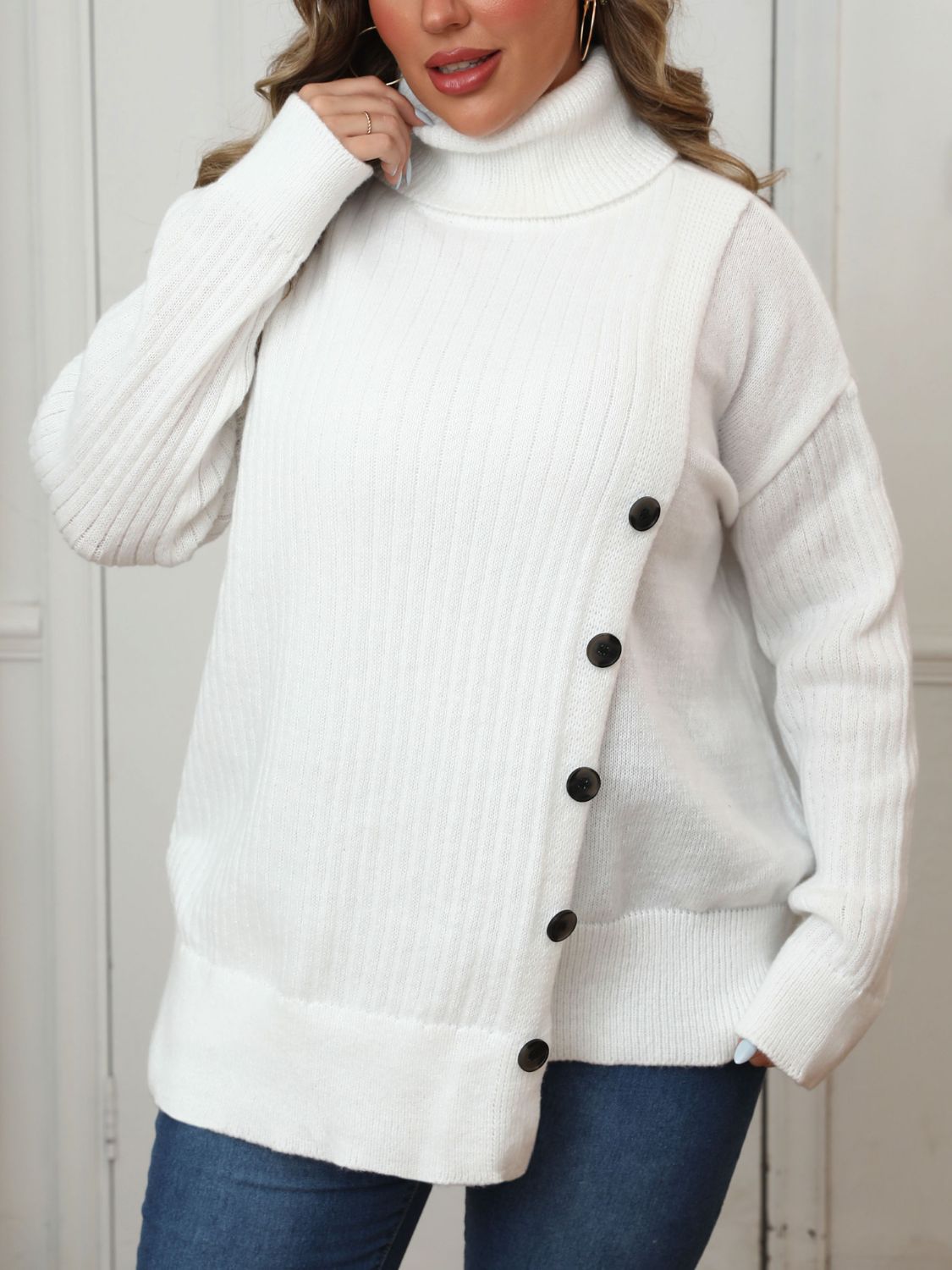 Soft knit turtleneck sweater in plus size with stylish button accents