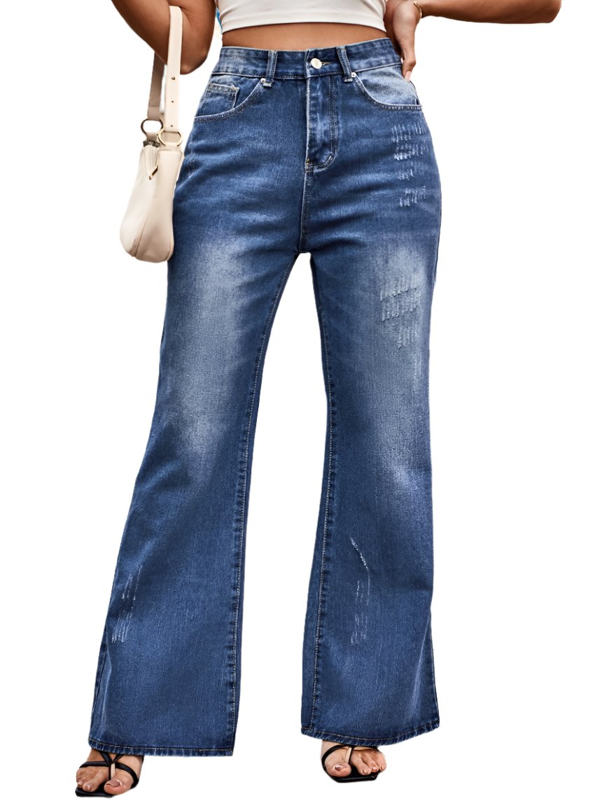 Front view of buttoned loose fit distressed jeans with pockets.