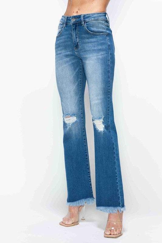 Bytos | Raw Hem Distressed High Rise Bootcut Jeans