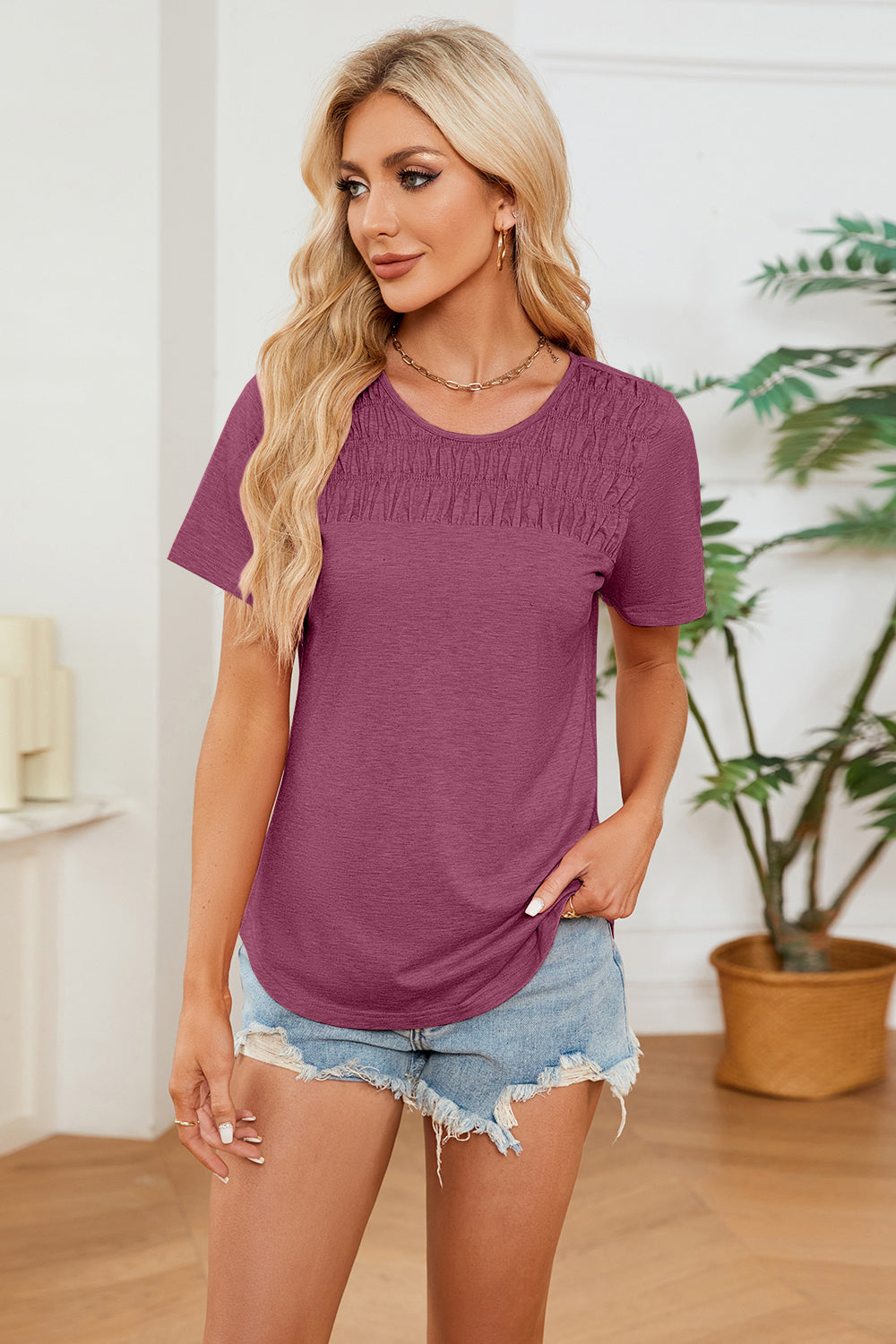 Chic Ruched T-Shirt with a soft, comfy fit. Perfect for any occasion, it elevates your everyday style. Shop now for a touch of elegance!