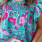 Shop the vibrant teal floral Ruffled Mock Neck Blouse, perfect for summer style with comfy elegance and effortless chic