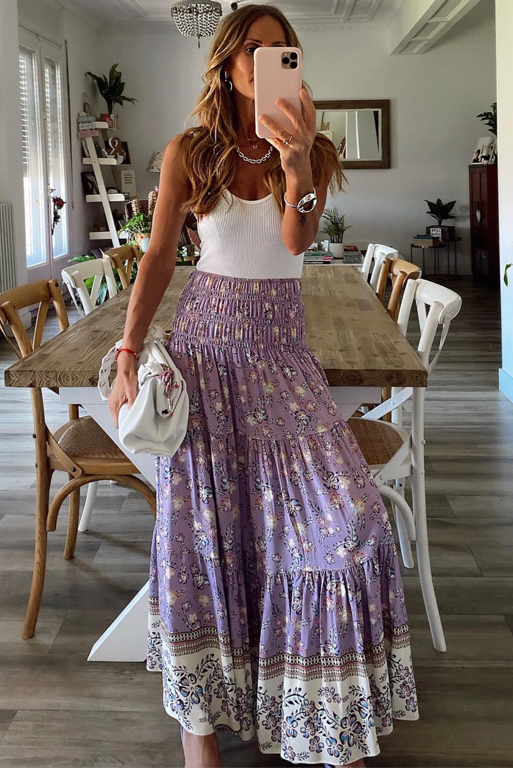 Lavender maxi skirt with delicate floral patterns and smocked waist