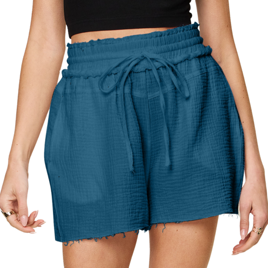 Chic peacock blue drawstring shorts with a comfy fit and stylish raw trim. Also in white and hot pink for every occasion!