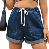 Chic high-waist denim shorts with a comfortable drawstring, roomy pockets, and a versatile roll-up hem for the perfect summer look
