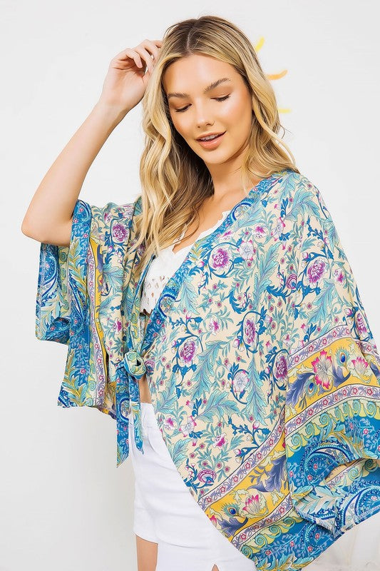 Lightweight turquoise kimono with floral design.