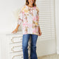 Floral Round Neck Three-Quarter Smocked Sleeve Top