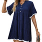 Navy blue summer dress with white ruffle trim and button-front detail