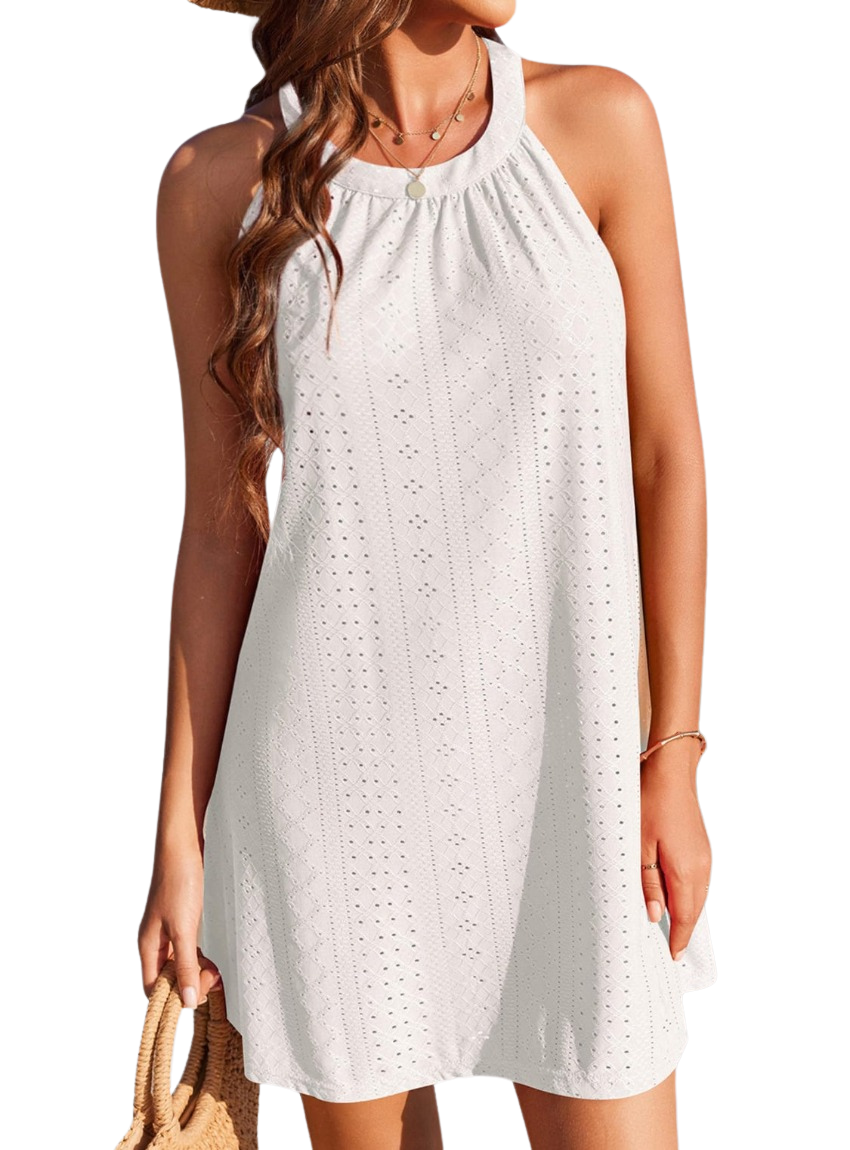 Discover the chic Eyelet Grecian Neck Mini Dress in 6 colors - perfect for any stylish occasion. Elegant, breezy, and beautifully crafted.