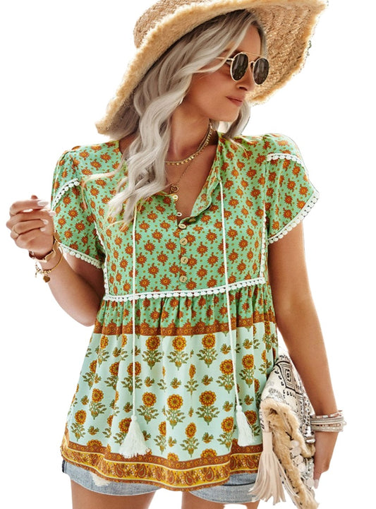 Boho chic green floral print babydoll top with button-front detail & tassels