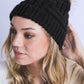 Classic black cable knit beanie with braided pattern and faux fur pom

