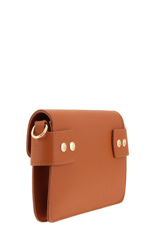 Camel crossbody bag featuring bee decor and a sleek compact design.
