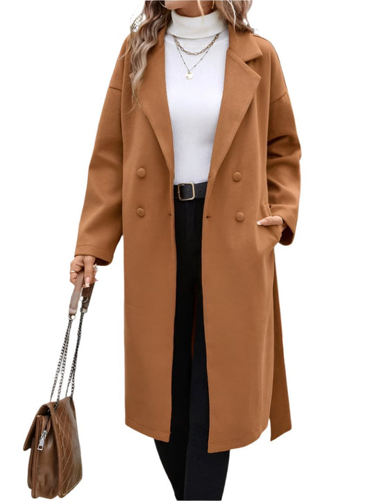 Front view of a camel trench coat for women, featuring a belted waist and double-breasted detailing.
